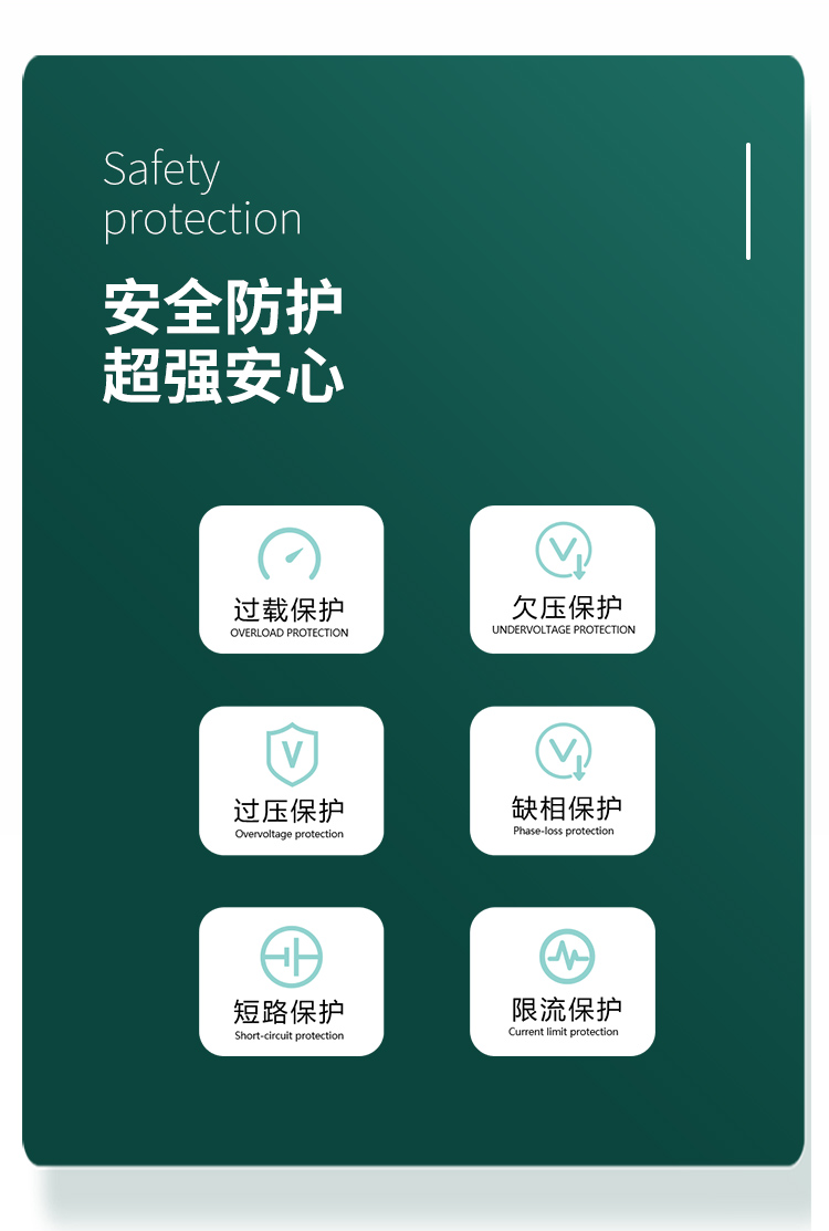 安全防護 超強安心。對過載、欠壓、過壓、缺相、短路、限流等狀況實現智能保護。